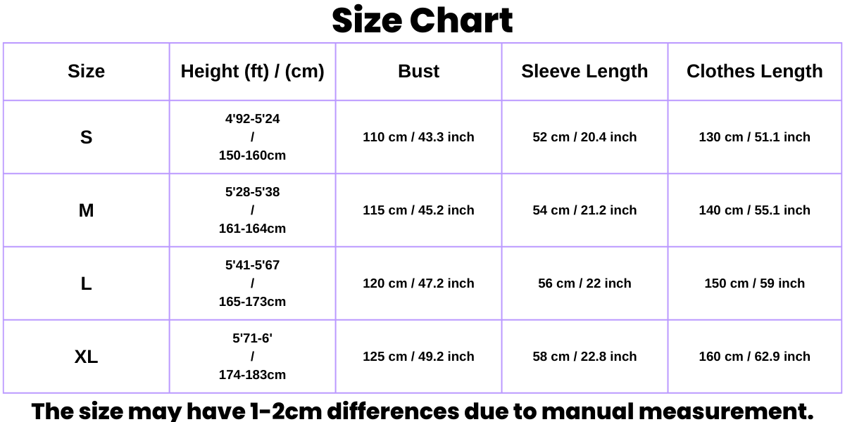 Gengar Onesie Size Guide